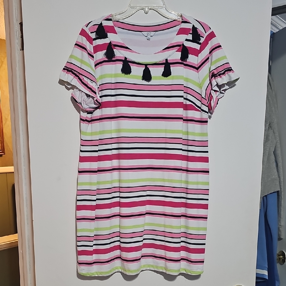 Crown & Ivy Pink Navy White Dress Navy Tassels Sz Large Ruffle Short Sleeve